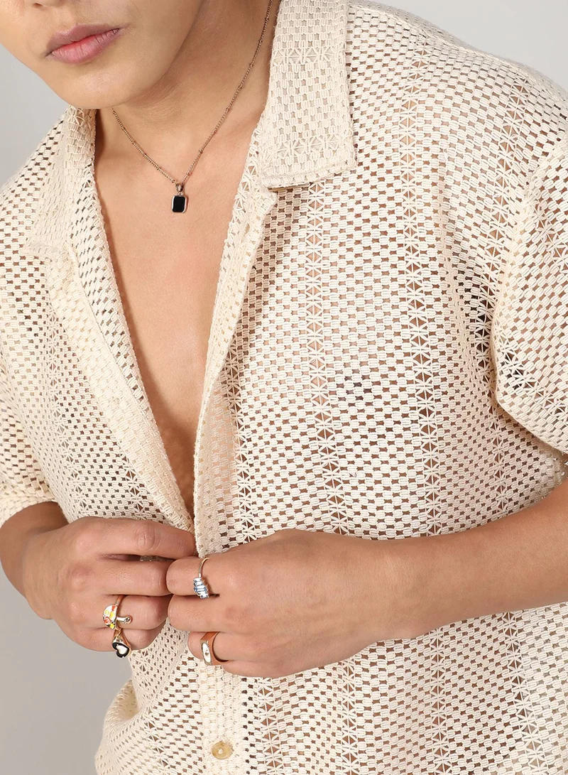 CAHOOT  Men's Ivory White Crochet Co-Ord Set For Casual Wear | Spread Collar | Short Sleeve | Button Closure | Co-Ords Crafted With Comfort Fit For Everyday Wear for Men | Best Price UAE